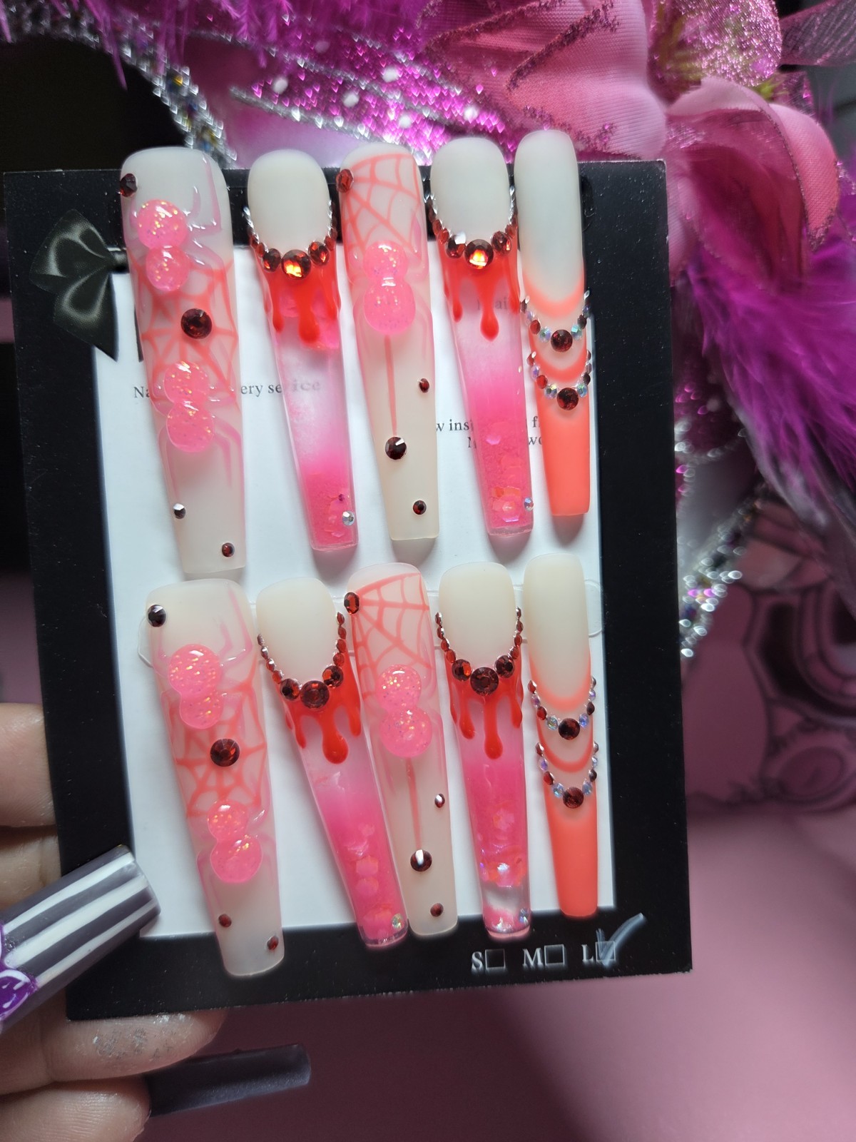 Press On Nails 2xl Large, Hot Pink, Halloween, Spider,glow N DARK, Water Aqua