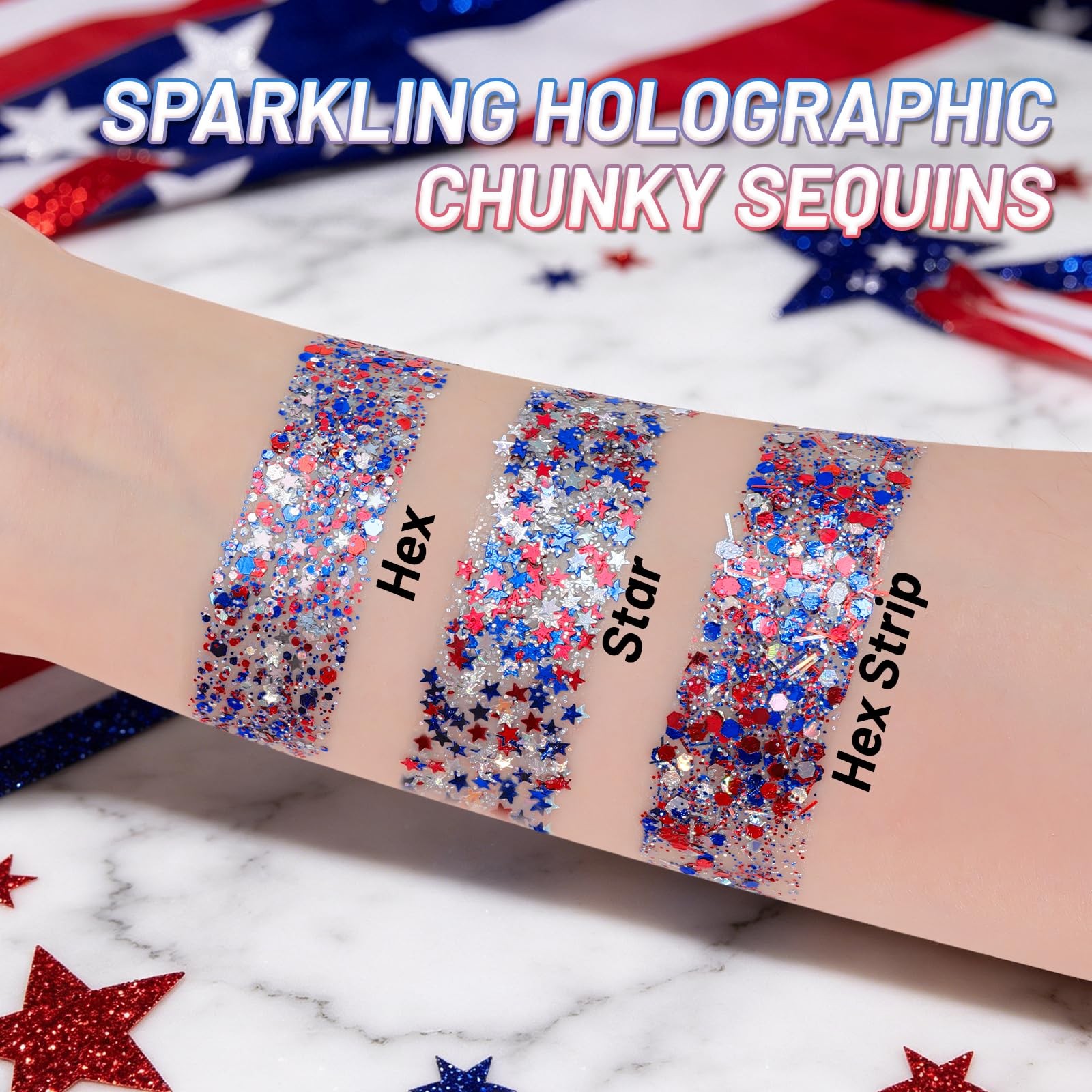 Flag Star Glitter , Red White Blue Star for Body Hair, Patriotic Pride USA Fl…