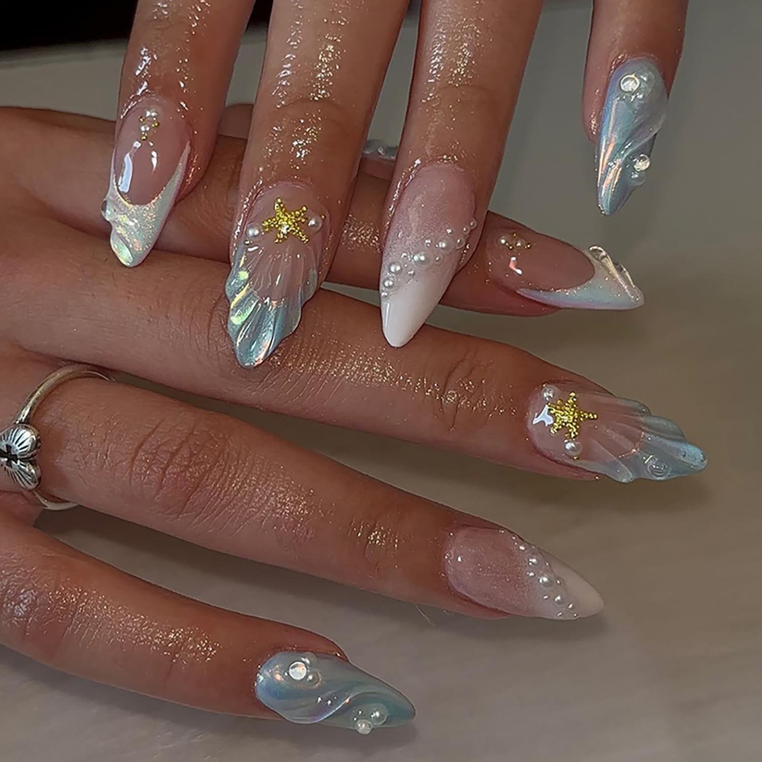 24Pcs Summer Press-on Nails Medium Almond False Nails with 3D Pearl Seashell …