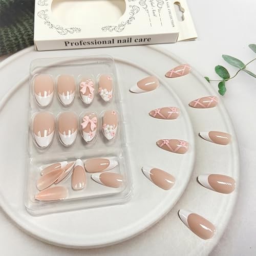 3D Pink Bow Press on Nails Medium Almond Fake Nails White French Tip with Bow
