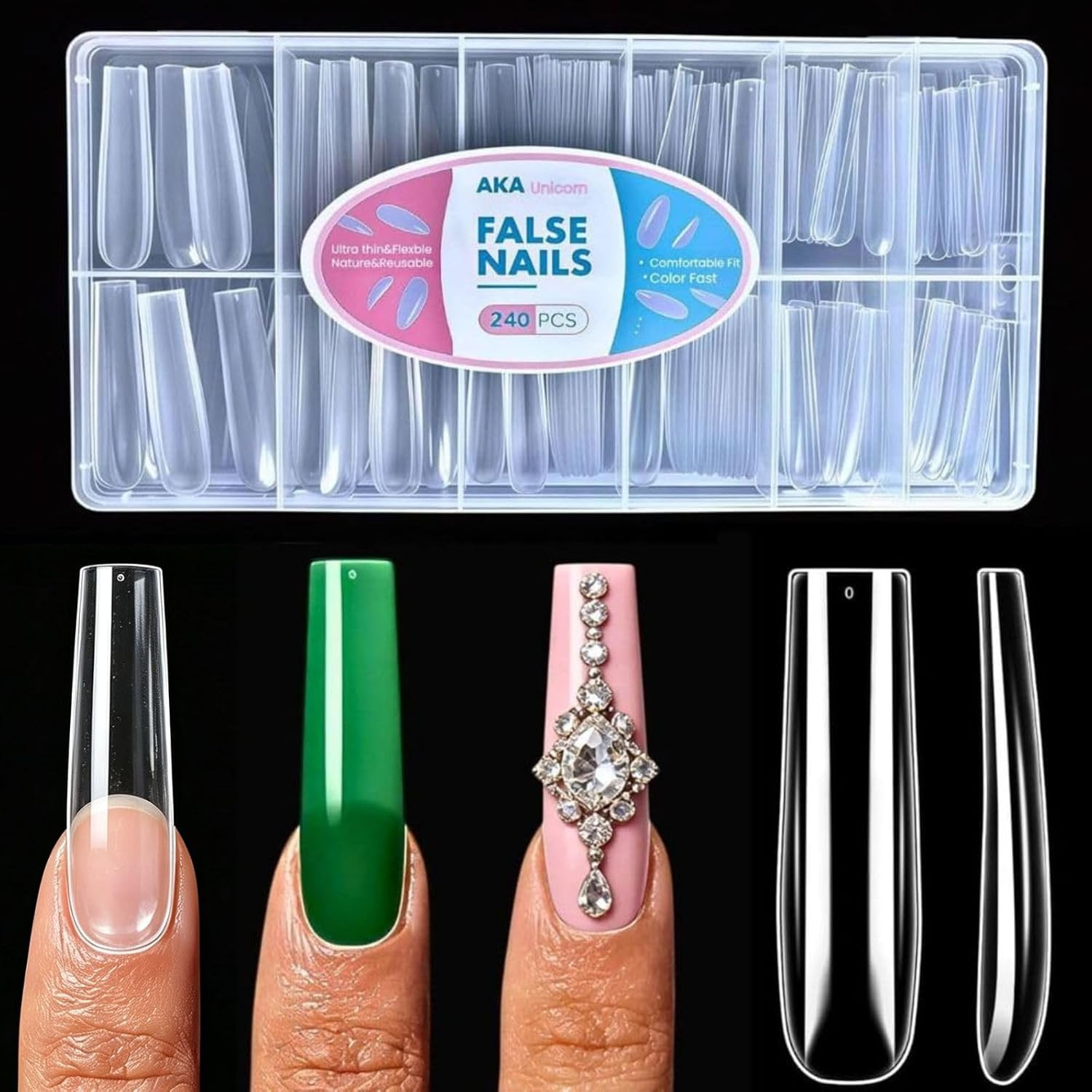 Long Square Nail Tips,Pre-Etched Full Cover Soft Gel Nail Tips | 240Pcs Clear No
