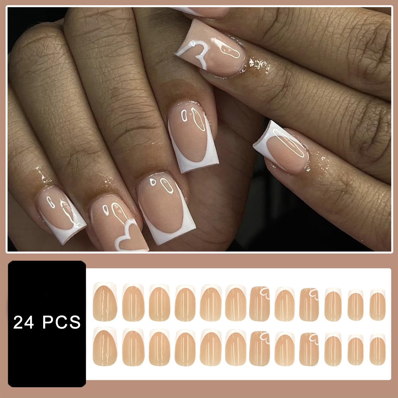 Valentine’s Day White French Manicure Heart-Shaped False Nails, Medium Length…