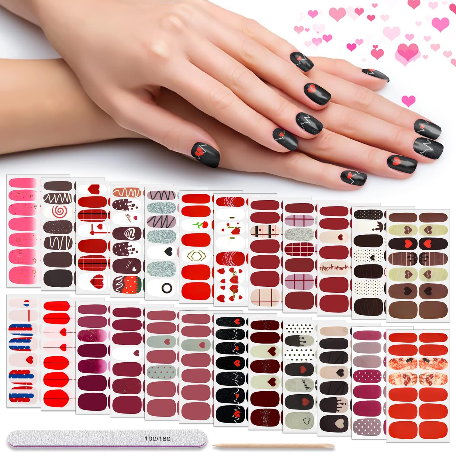 24 Sheets Valentine’s Day Nail Polish Strips Full Nail Wraps for Women Gel Na…