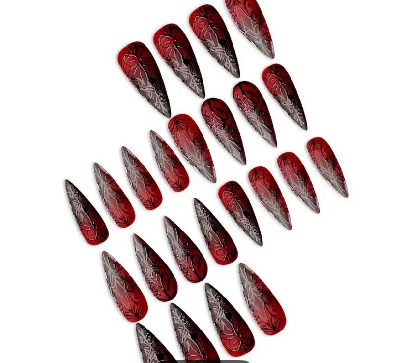 24pc Punk Vampire Red Black Stiletto Almond Scroll Press On nails W Glue & Tabs