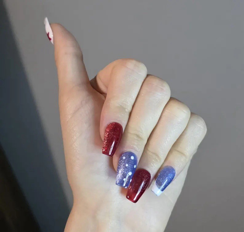 Maddi Nail Co. Press-On Nails Red Blue White Glitter Stars Medium Square