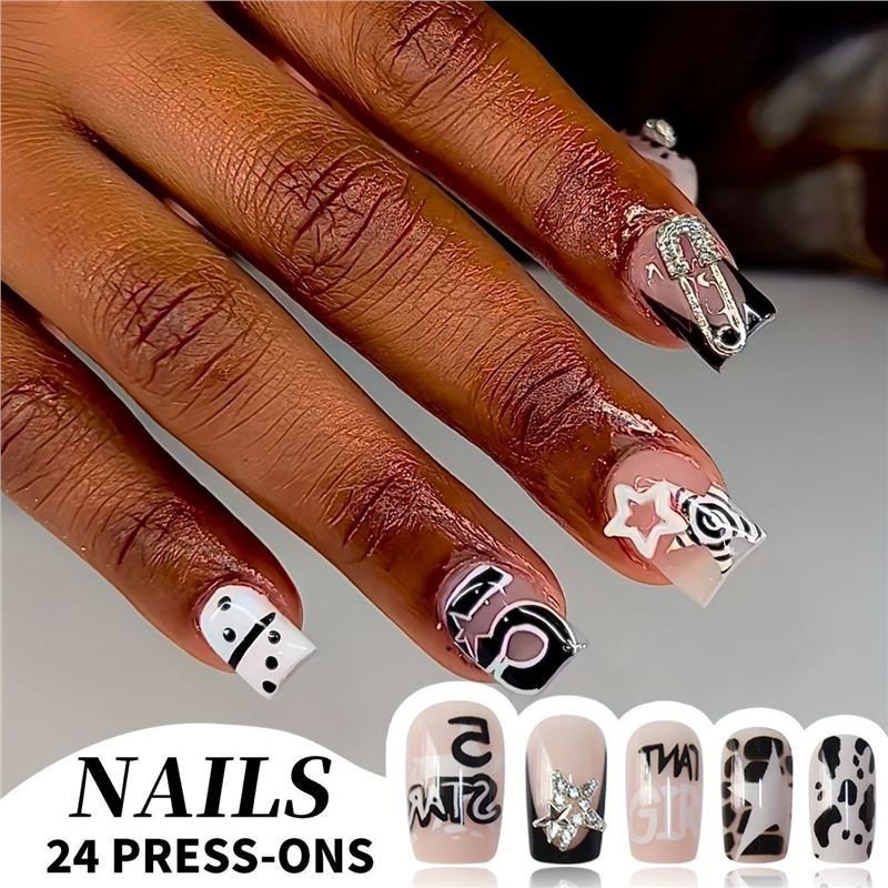 Short Square Star Studded Press On Nails Cute Cool Style