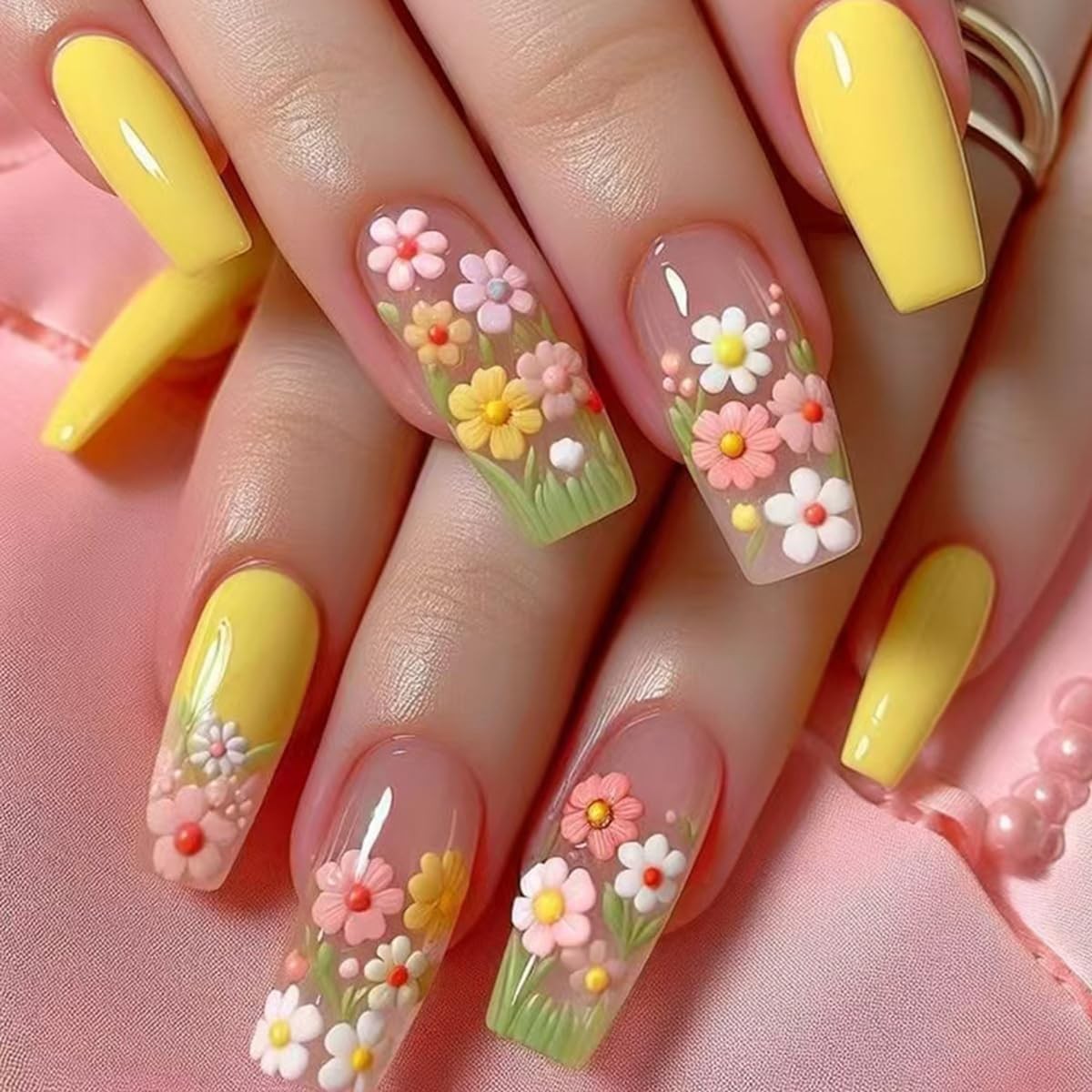 24 Pcs Flowers Press On Nails Medium Coffin Square,Spring Summer Fake Nails P…
