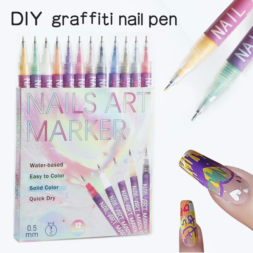12Pcs Nail Art Pen Marker Set – 0.5/0.7mm Fine Tip for Precise Graffiti Drawing