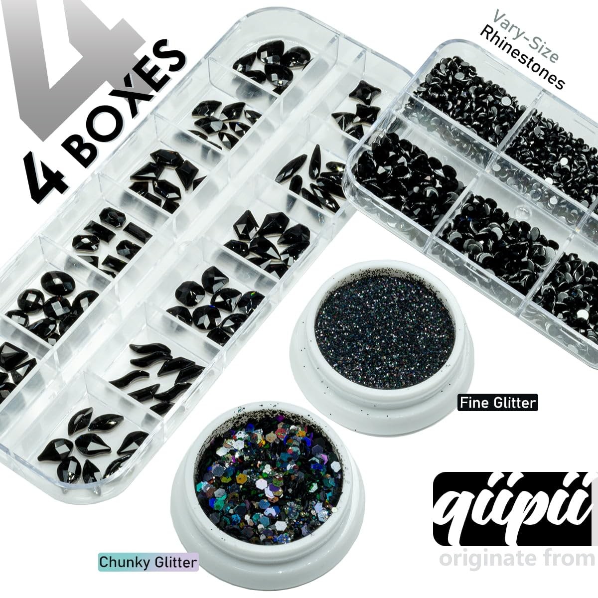 4 Boxes Jet Black Nail Rhinestones and Glitters 24 Shapes K9 Glass Flatback G…