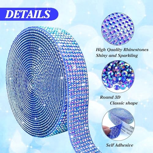 Self Adhesive Rhinestone Ribbon Crystal Strips, 3 Yards Bling Christmas Blue AB