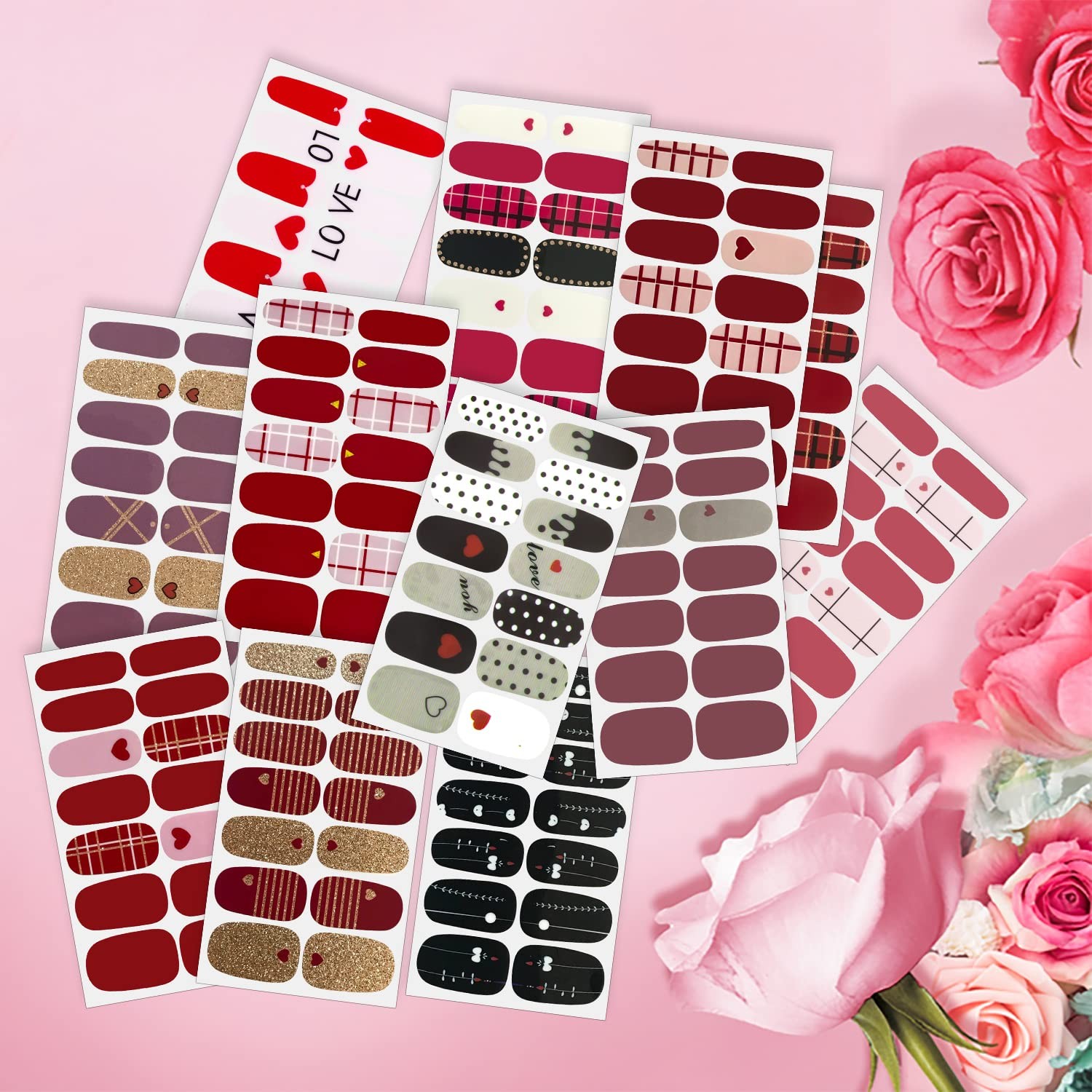24 Sheets Valentine’s Day Nail Polish Strips Full Nail Wraps for Women Gel Na…