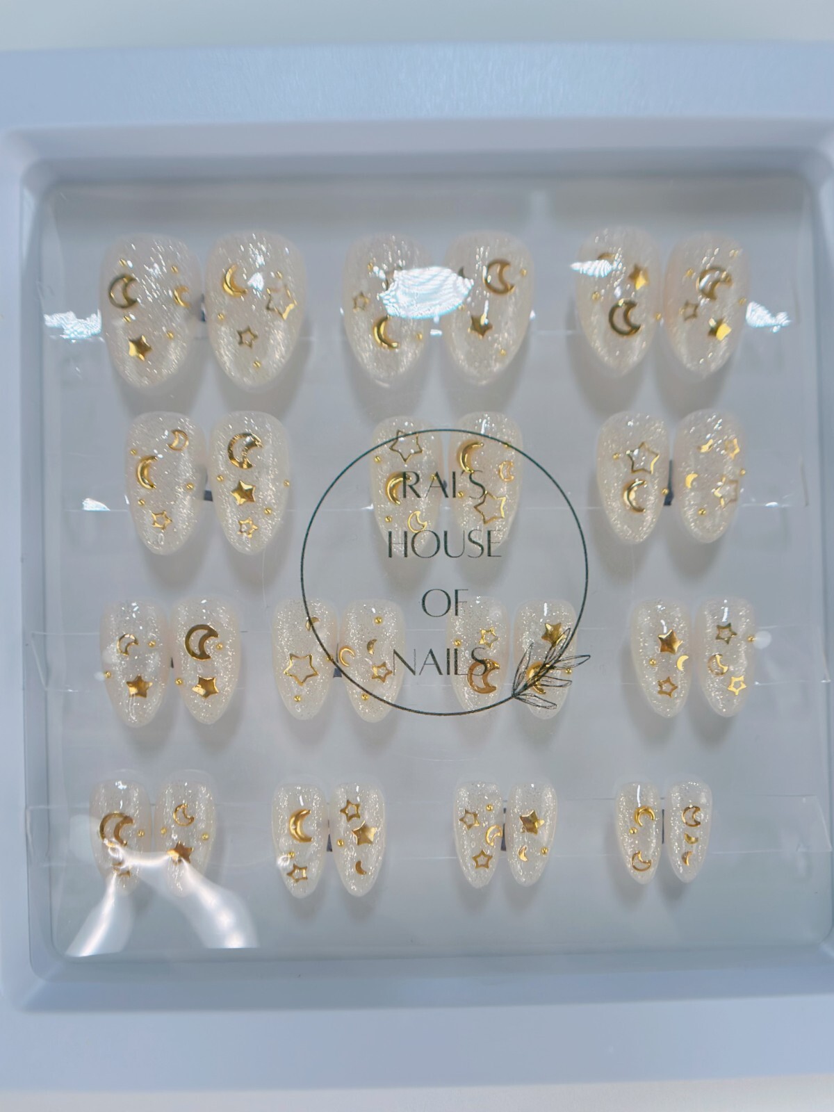 Handmade Press on Nails “Gold Galaxy” Almond Short 28 Nails All Sizes w Glue