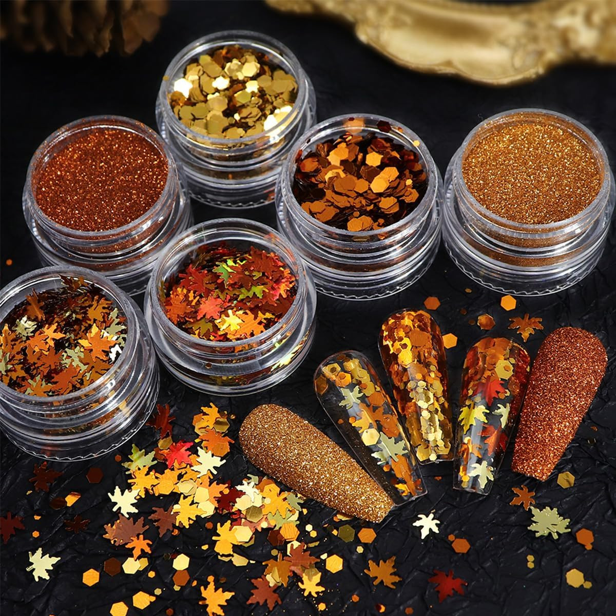 6Boxes Fall Nail Glitters 3D Gold Maple Leaf Nail Art Glitters Autumn Decoration