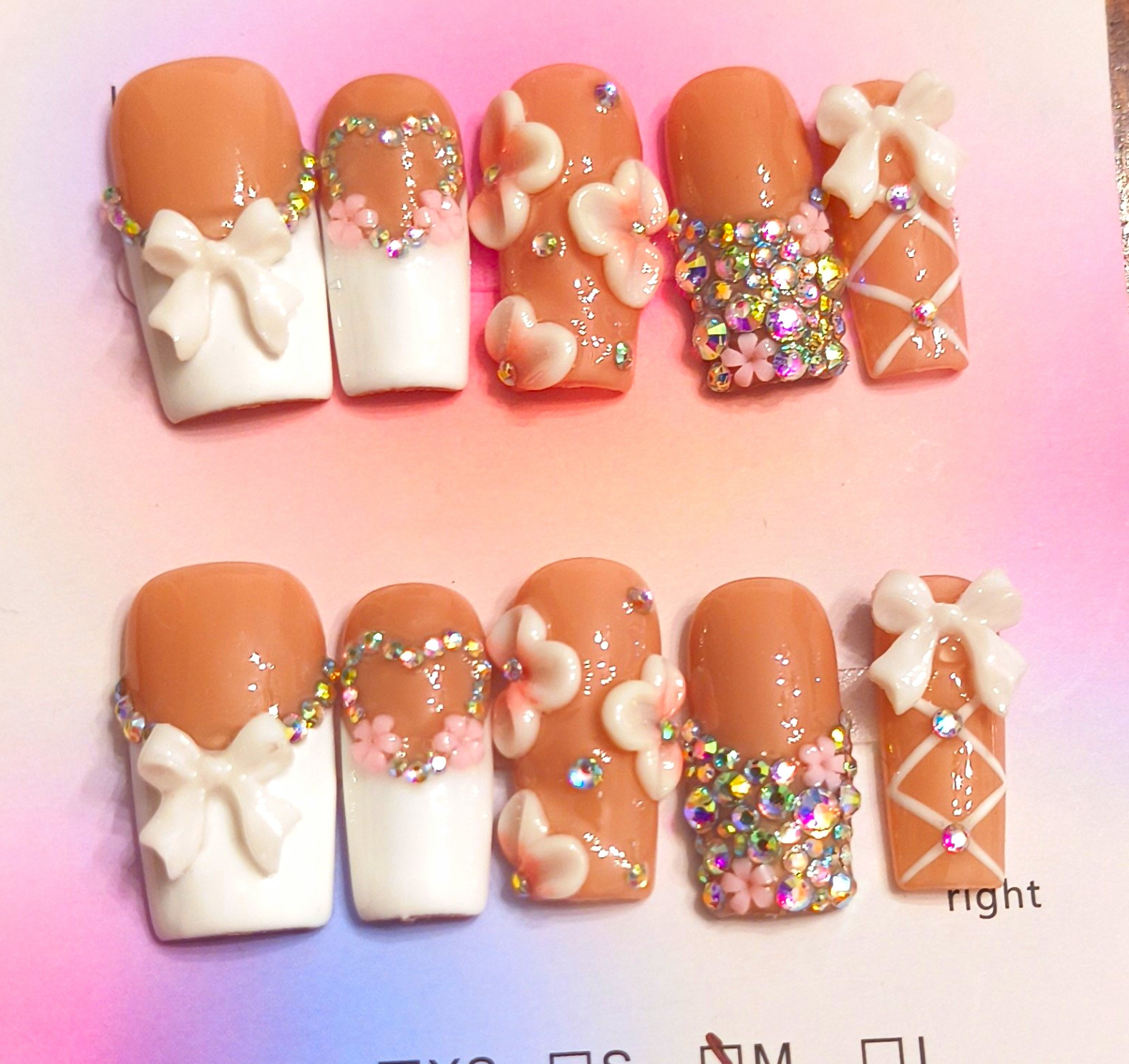 Press-On Nails Medium Square White French 3D Glitter Bow Full Cover