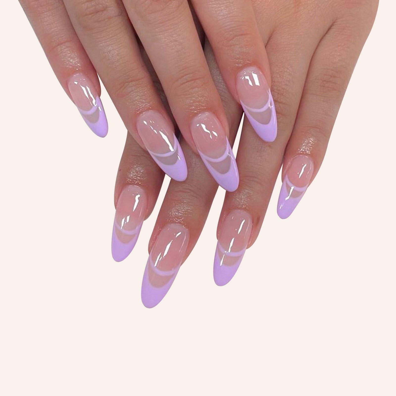 24pcs Light Purple French Almond False Nail Round Press on Nails for Nail Art