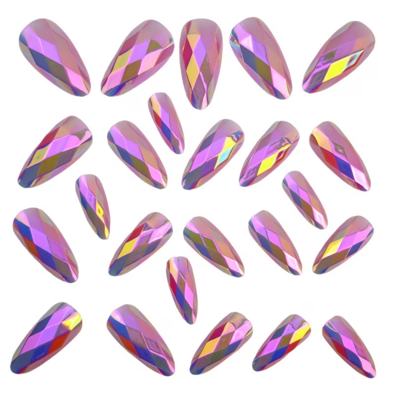 24 Lilac Medium Almond Press On Nails, 3D Diamond Shiny Holographic Design