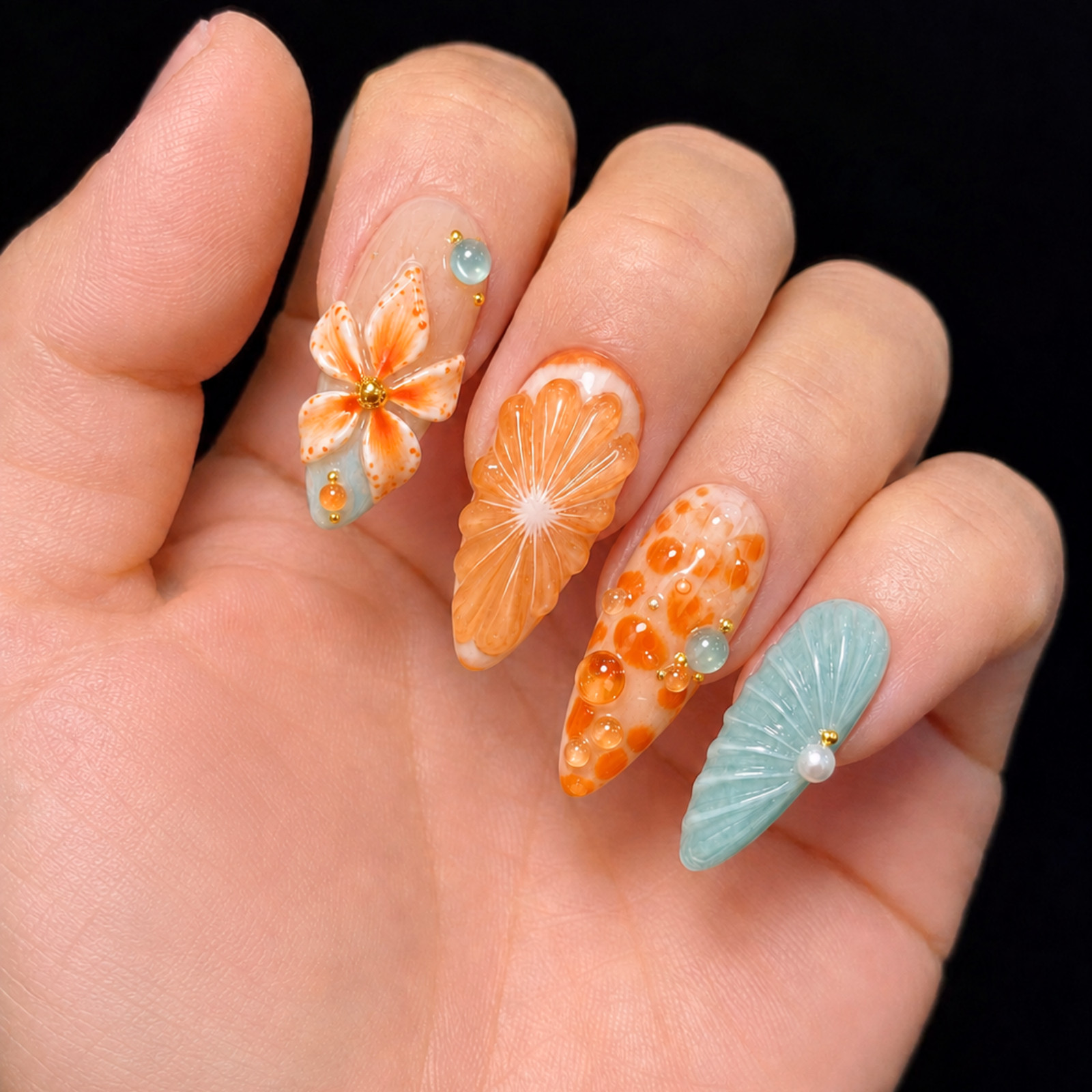 Handmade Orange 3D Floral Press On Nails Seashell Pearl Starfish