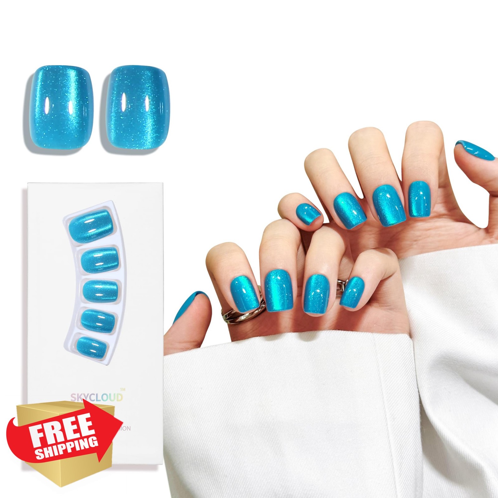SKYCLOUD Lake Blue Cat Eyes Press On Nails SK1062