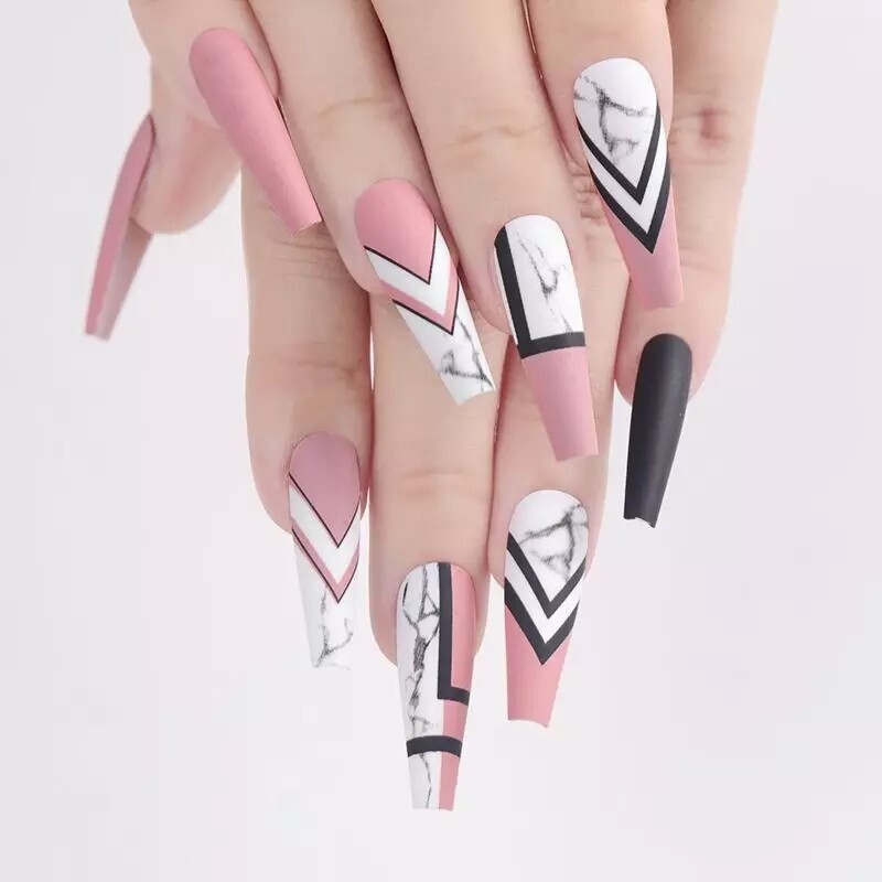 24 Geometric Pink Black White Press on nails glue on Coffin Long extra manicure