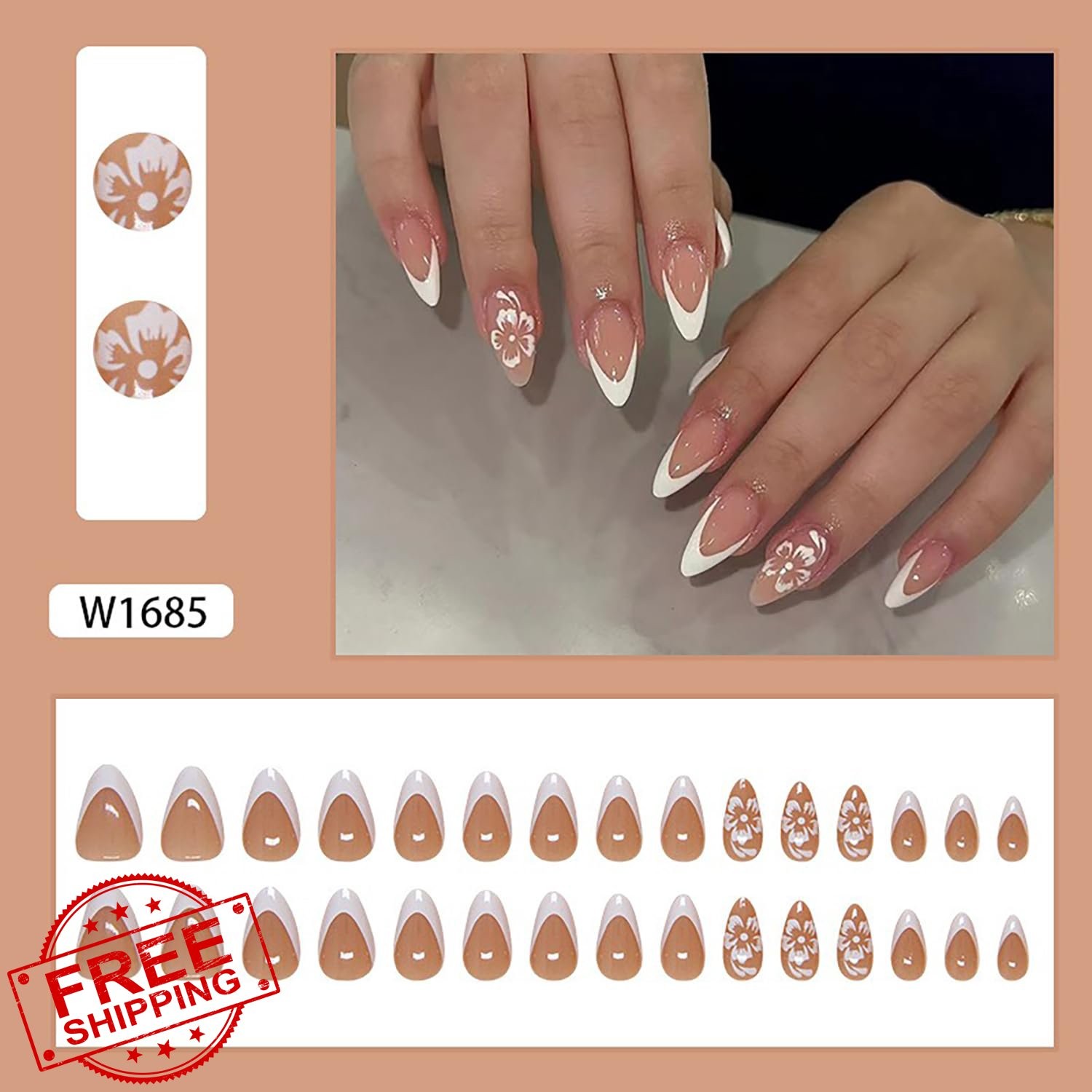 SWEKKE Almond French Tip White Flower Press on Nails