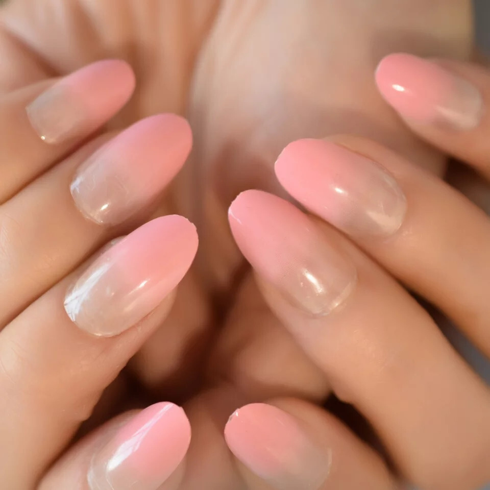 24 Medium Press on Nails kit glue on almond pink ombre nude pale