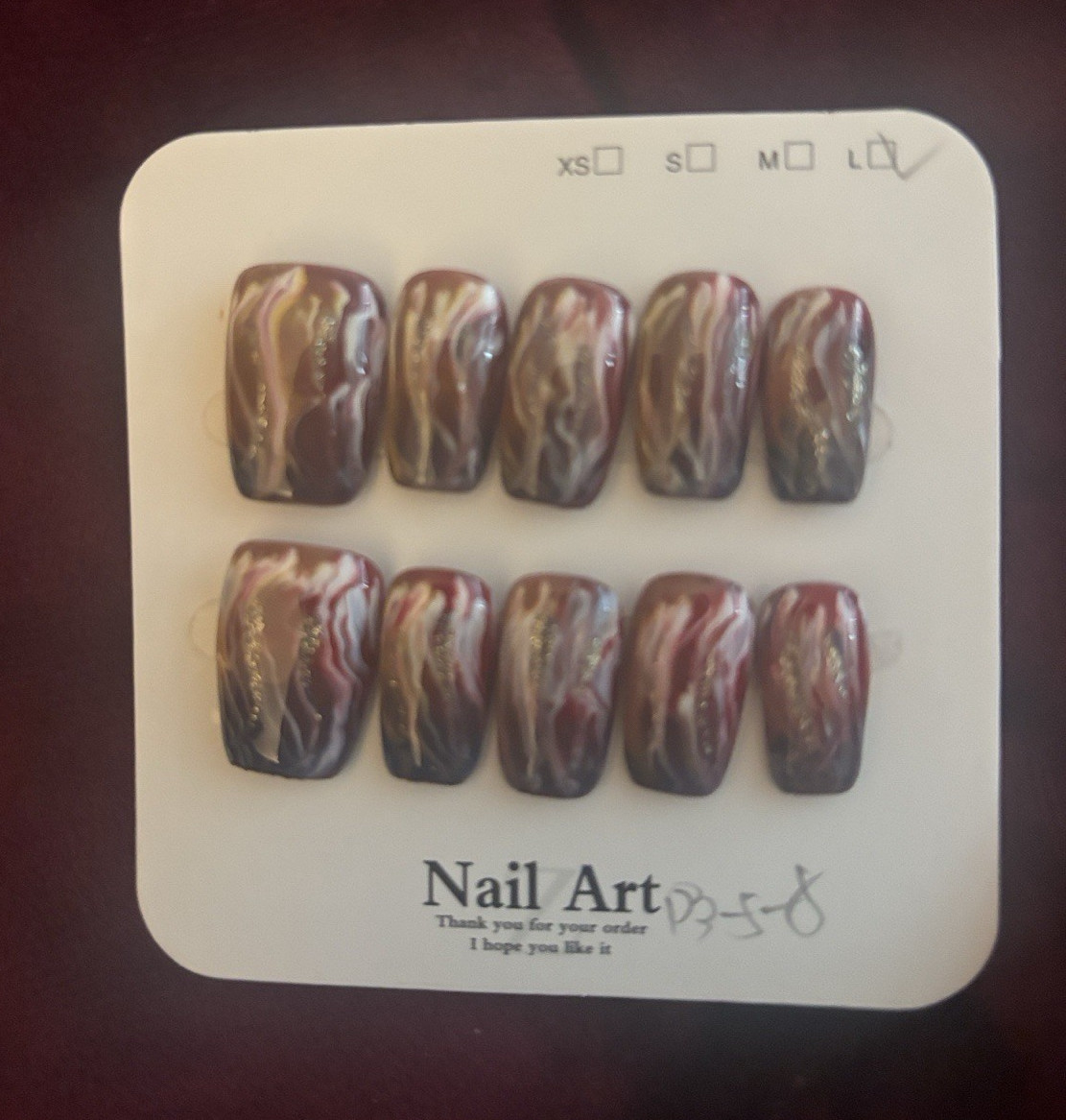 Press-On Nails Set Brown/Black/Gold Shiny Marble Long Square Acrylic Full