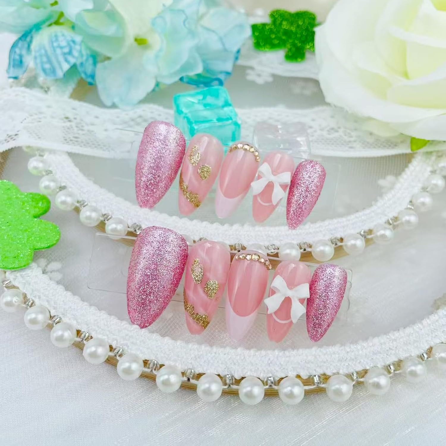 Pink French Tip Press on Nails Medium Almond Fake Nails with 3D Bow & Glitter Rh