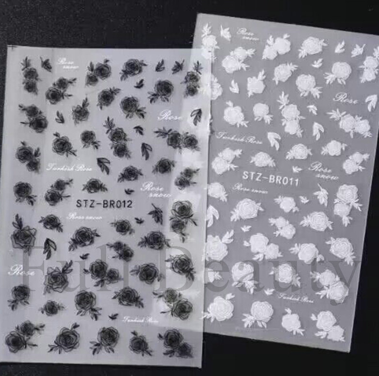 2Pcs 3D White Black Lace Flower Lily Petal Matte Effect Thin Nail Stickers NH27