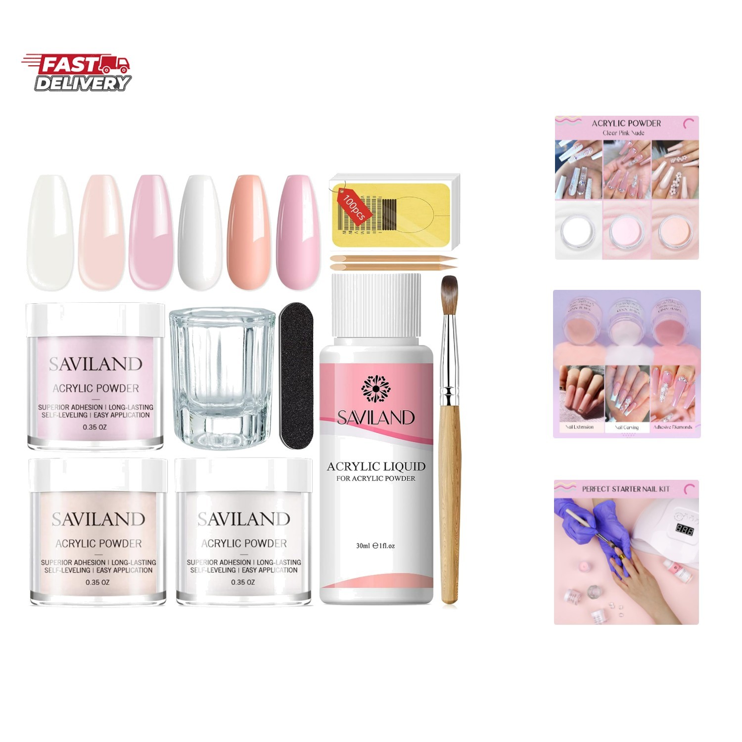 Acrylic Nail Starter Kit: Clear Pink Nude Acrylic Powder & Liquid, Brush, Fil…