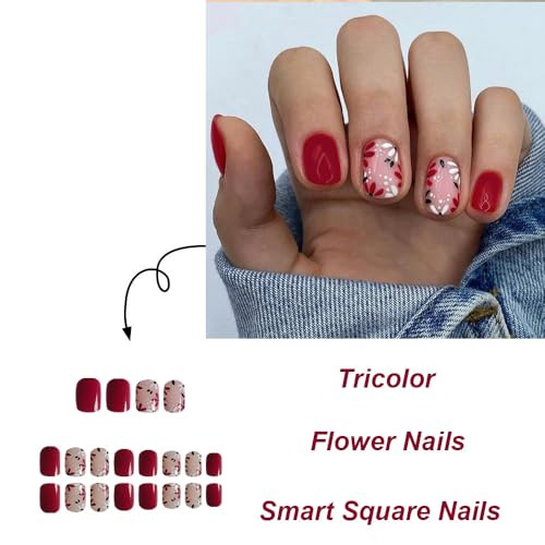 Red Press on Nails Short Square 1 Fl Oz (Pack of 1) Square white Flower-red