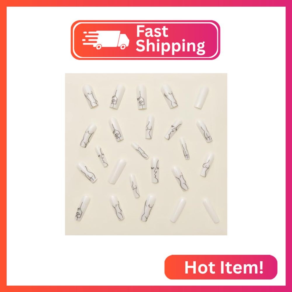 RIICFDD 24 Pcs White Press on Nails Long Coffin False Nails Human Body Art Strip