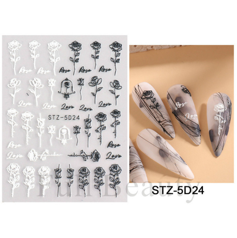 5D Embossed Black White Rose Flower Love Nail Stickers Self-Adhesive Manicure