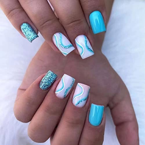 Press on Nails – Short Square Fake Nails with Summer Blue Swirl, 00901Blue