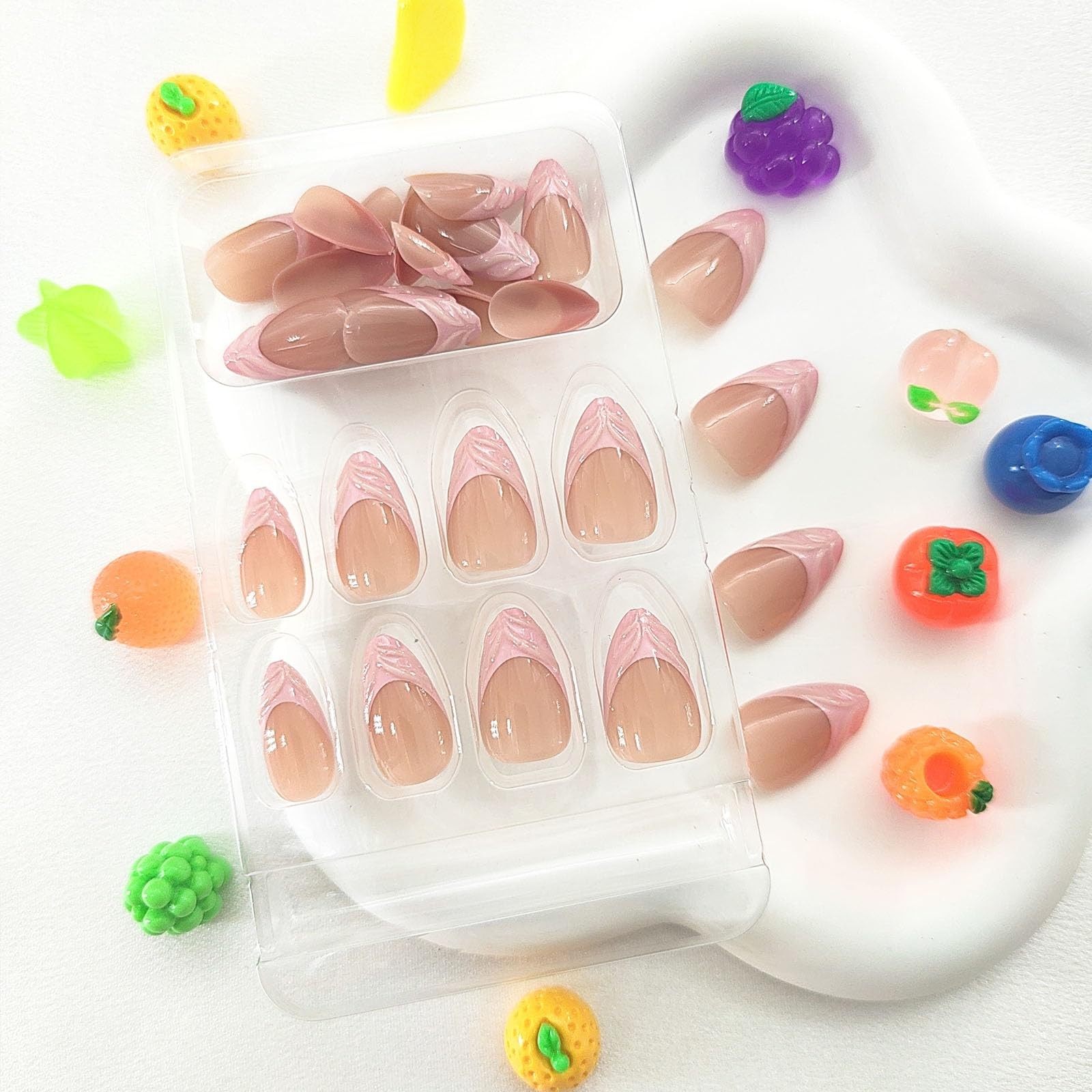 Almond Press on Nails Short Pink French Tip Fake Nails With Stereo Lines Desi…