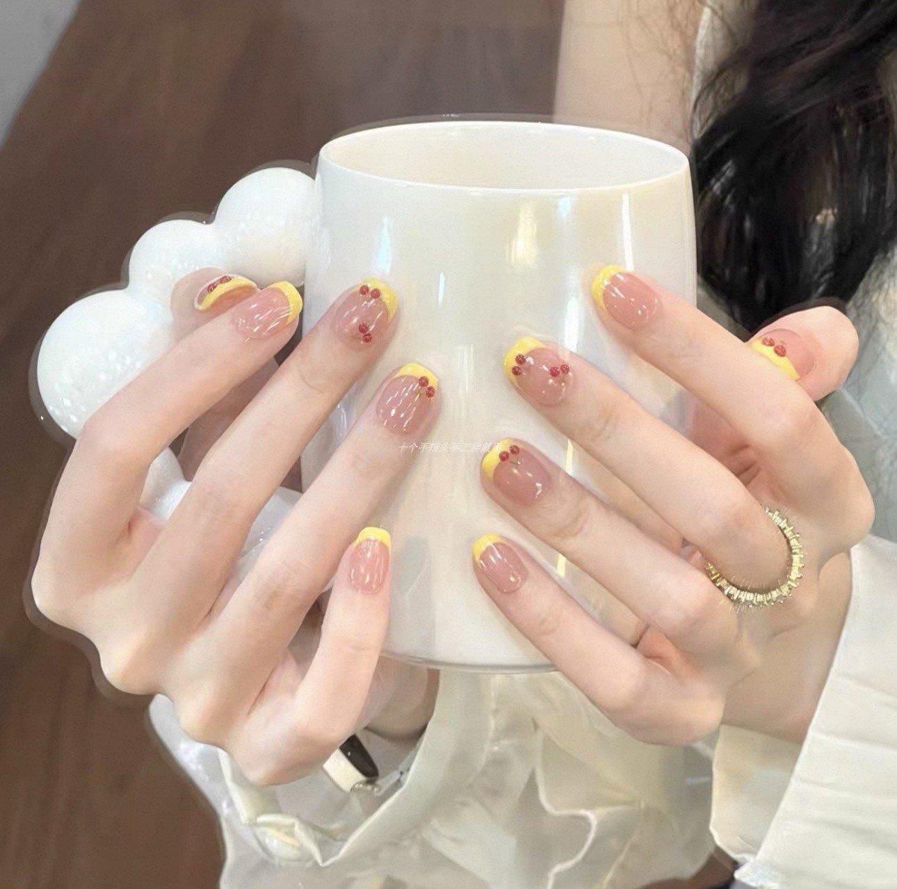 Luxury French Cherry Short press-on nails 2026 Spring Cute Yellow XS Size Nail