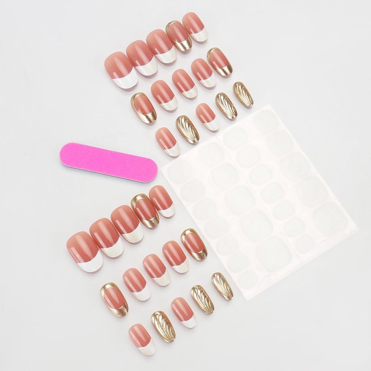 24Pcs White French Tip Press on Nails Short Round Fake Nails Circle Gilding E…