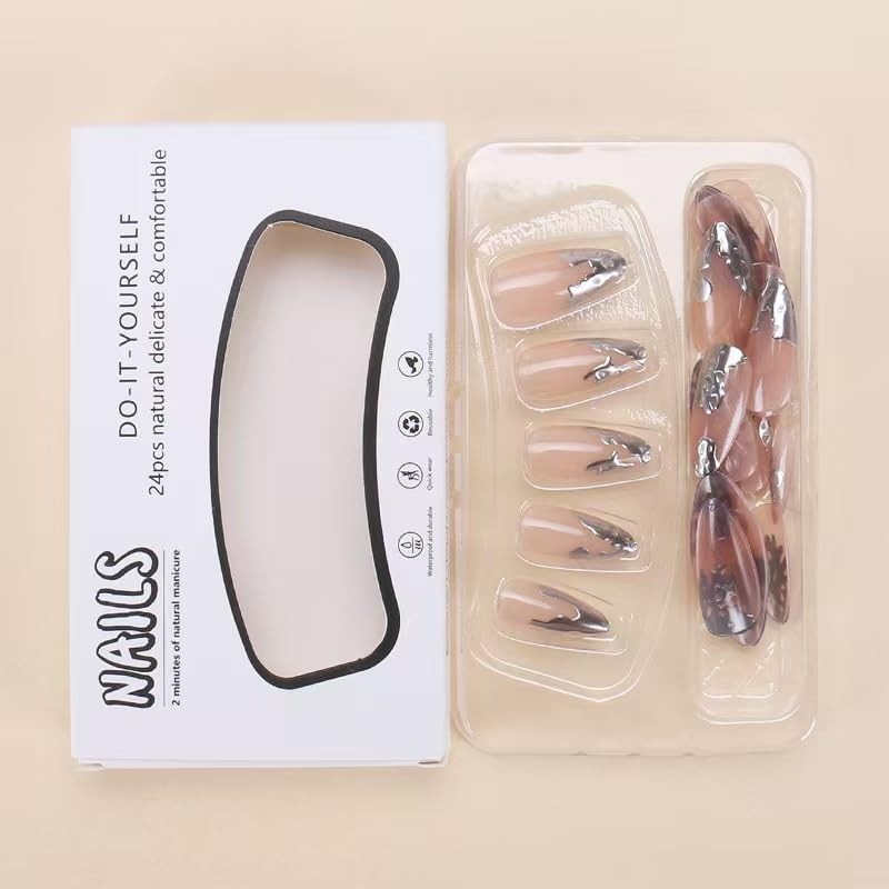 Almond Press on Nails Silver Fake French Tip False Medium, Style 6