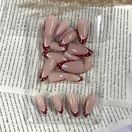 Press on Nails Medium Almond Fake Nails Burgundy Red Glue on French Tip BNY114