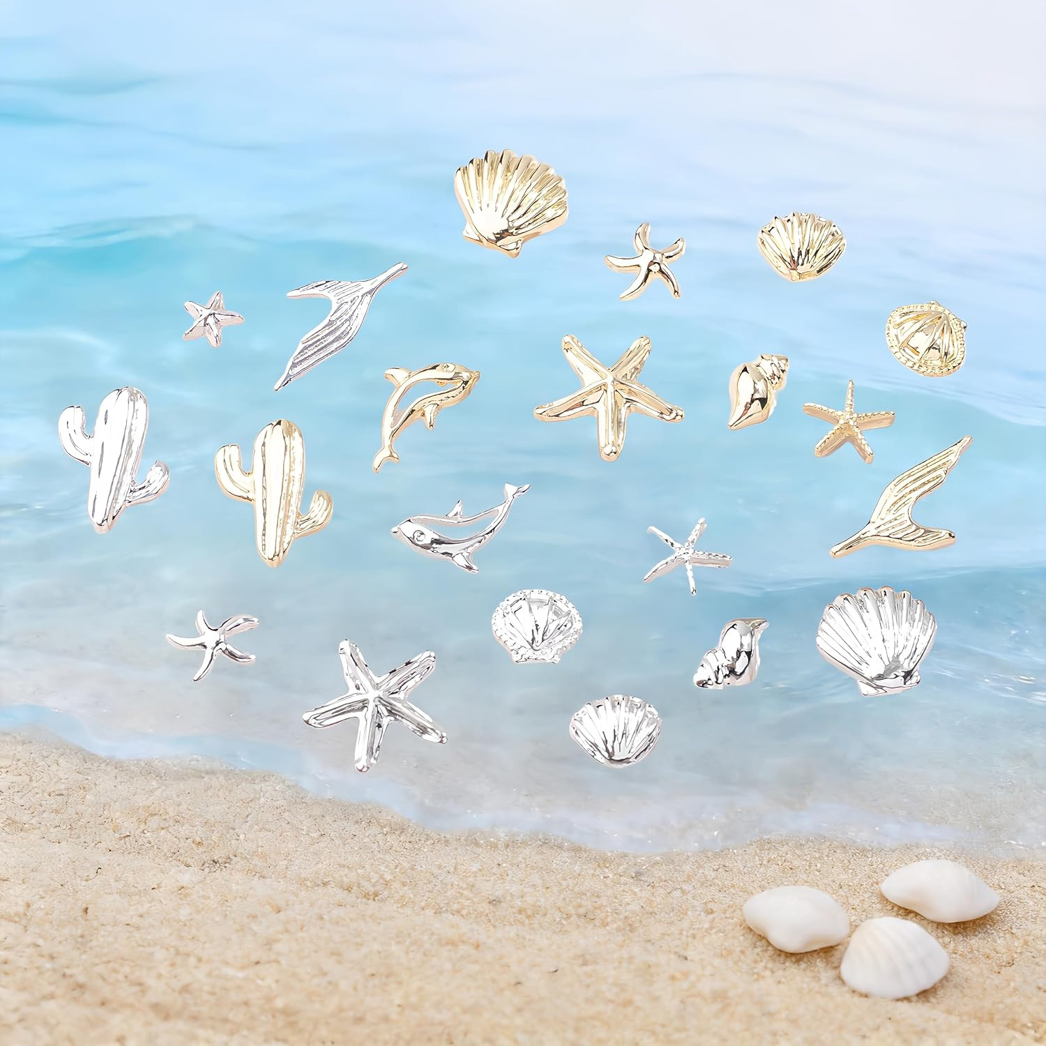 80Pcs Summer Beach Nail Charms Summer Ocean Nail Rhinestones Metal Small Starfis
