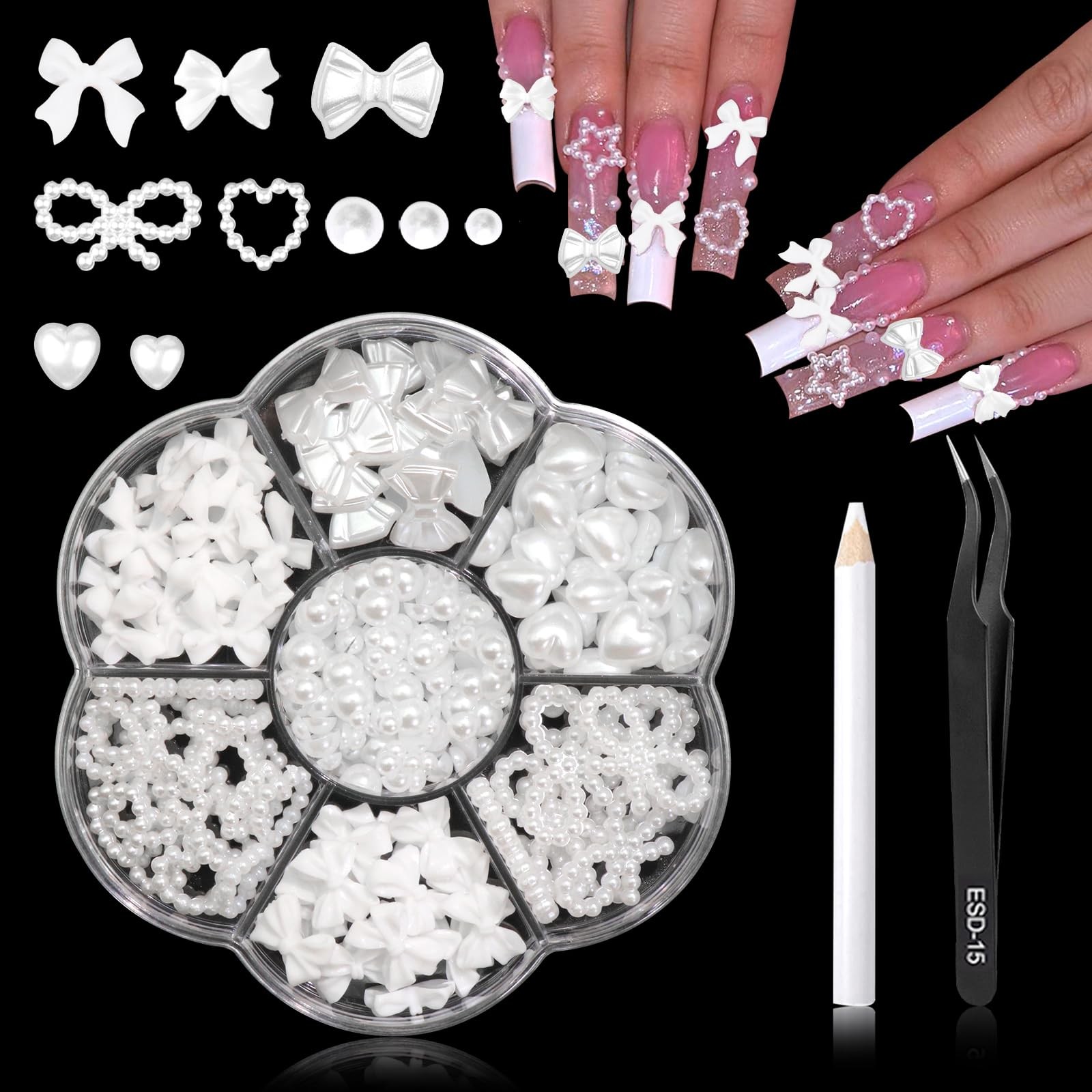 RODAKY Bow Nail Charms White Heart Charms for Nail 3D Bowknot Nail Art Stud Flat