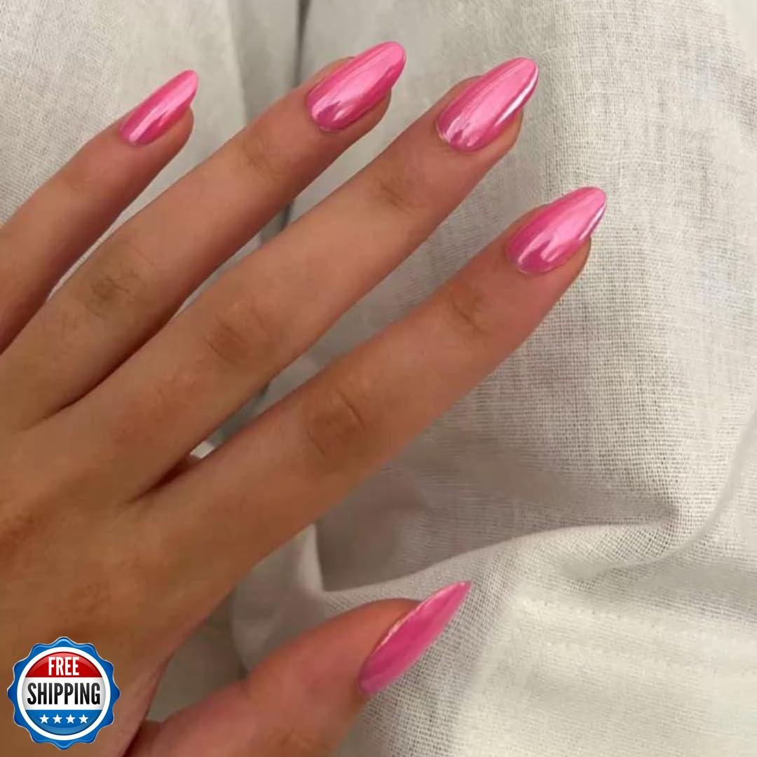 Hot Pink Chrome Press on Nails Medium Oval Fake Nails Full Cover,SXVME Hot Pi