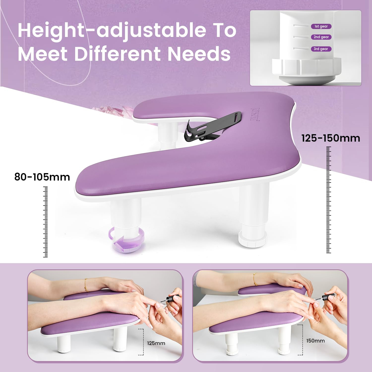 Purple U Shaped Manicure Arm Rest for Nails Tech with Rotating Phone Holder and