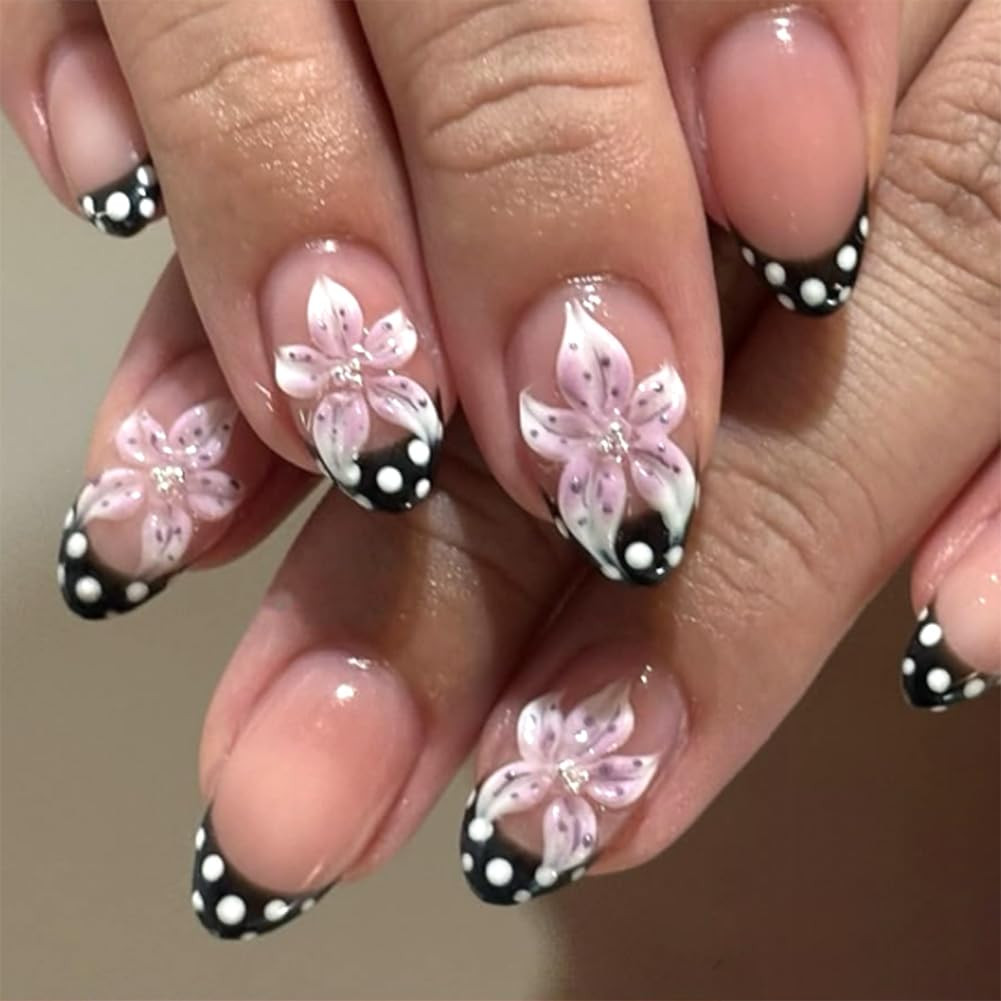 Almond Press on Nails Medium Fake Nails with 3D Ripple Bubble Pink Flower Pearls