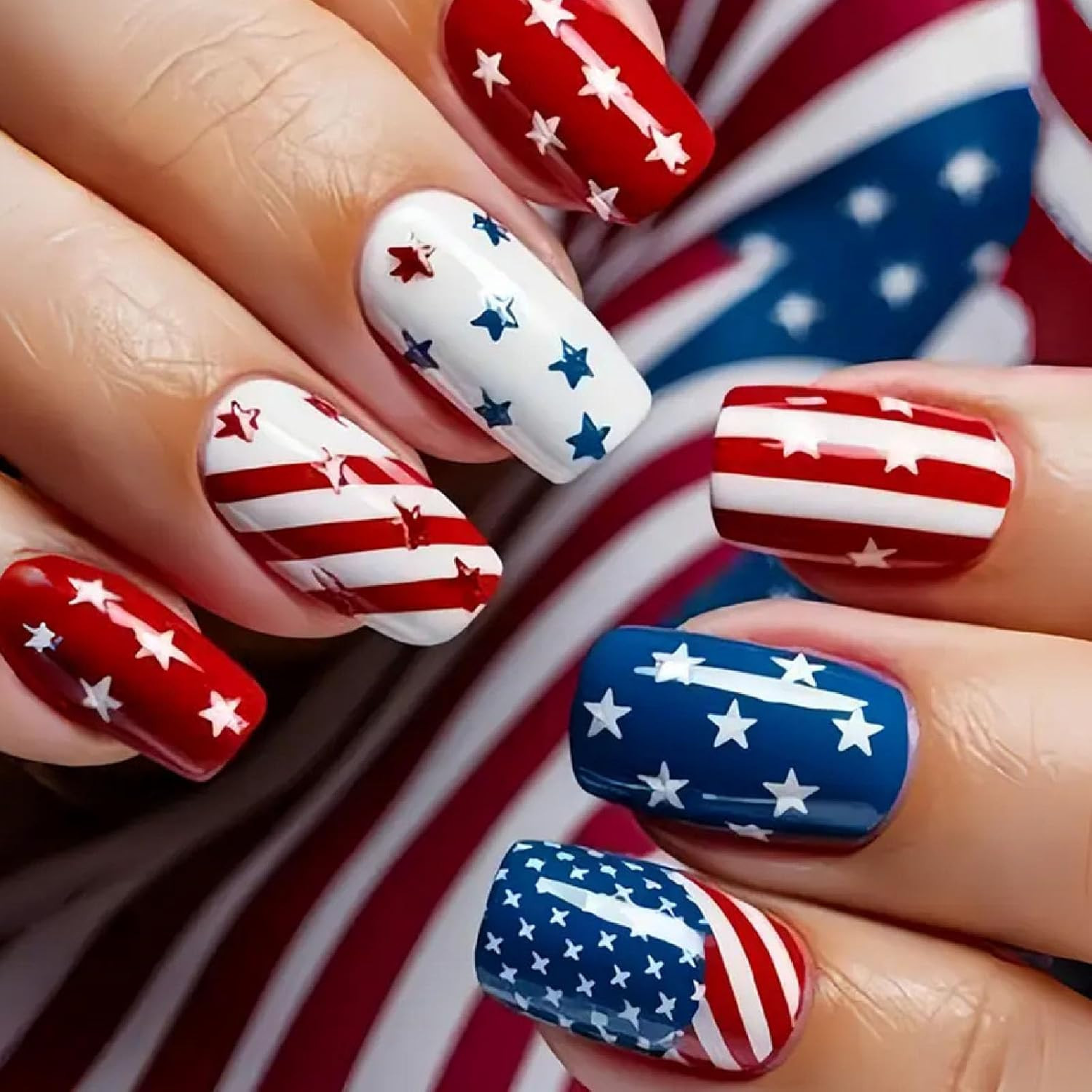 4Th of July Press on Nails Medium Square Fake Nails with Stars American Flag Des