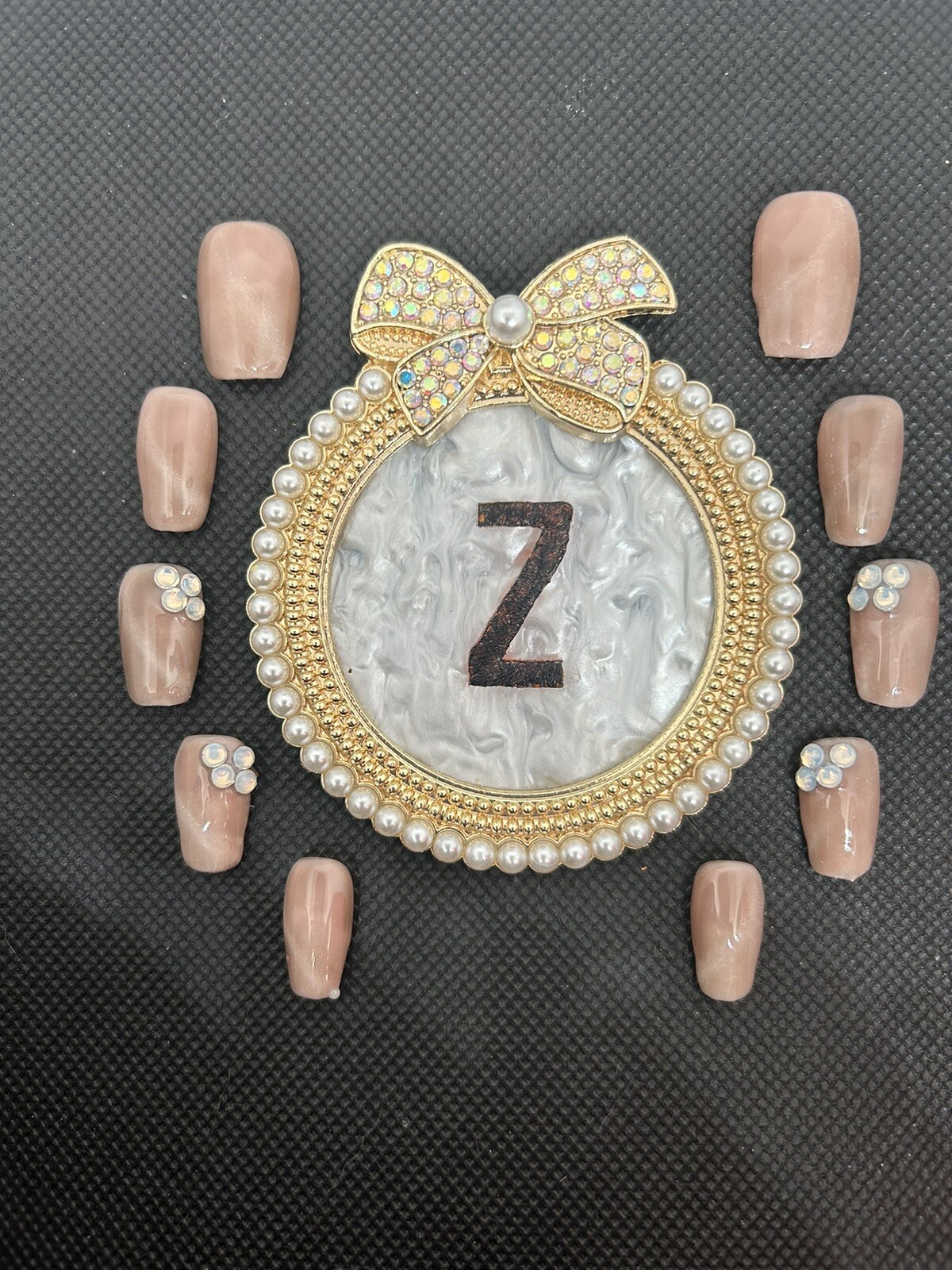 Z NAILZ! Gorgeous Handmade Silver Cat Eye On Milky Beige W/Stones Press On Nails