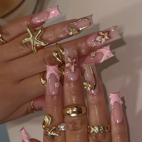 Long Press on Nails Square Fake Nails French Tip False Nail swith Gold CQCF01-1