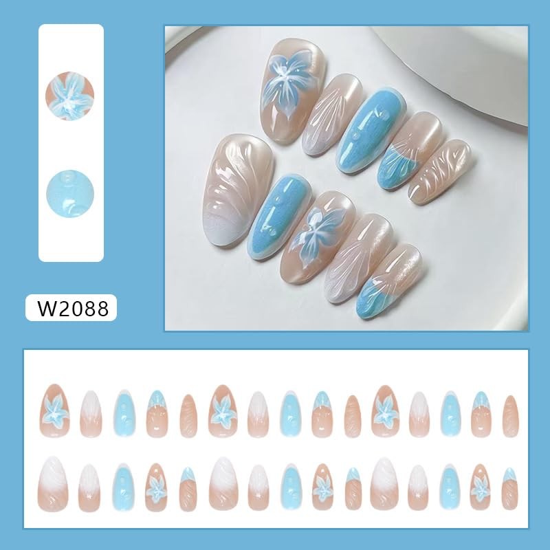 30Pcs Sea Blue Press on Nails Medium Almond Fake Nails Icy Lily Floral 3D Bub…