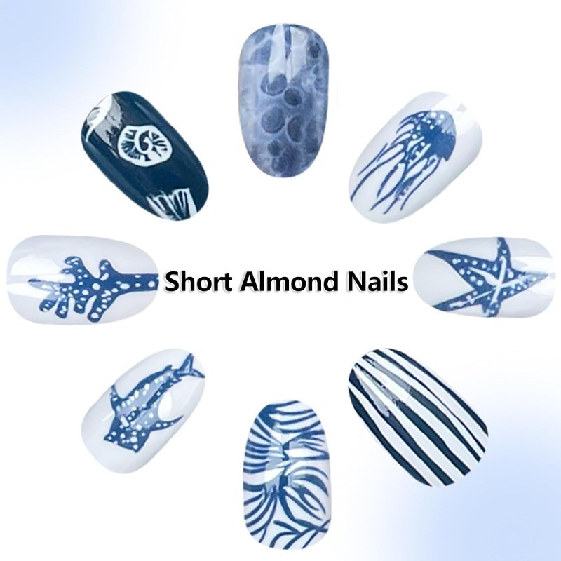 48pcs Summer Ocean Press on Nails, Blue White Shark Jellyfish Almond Fake Nails