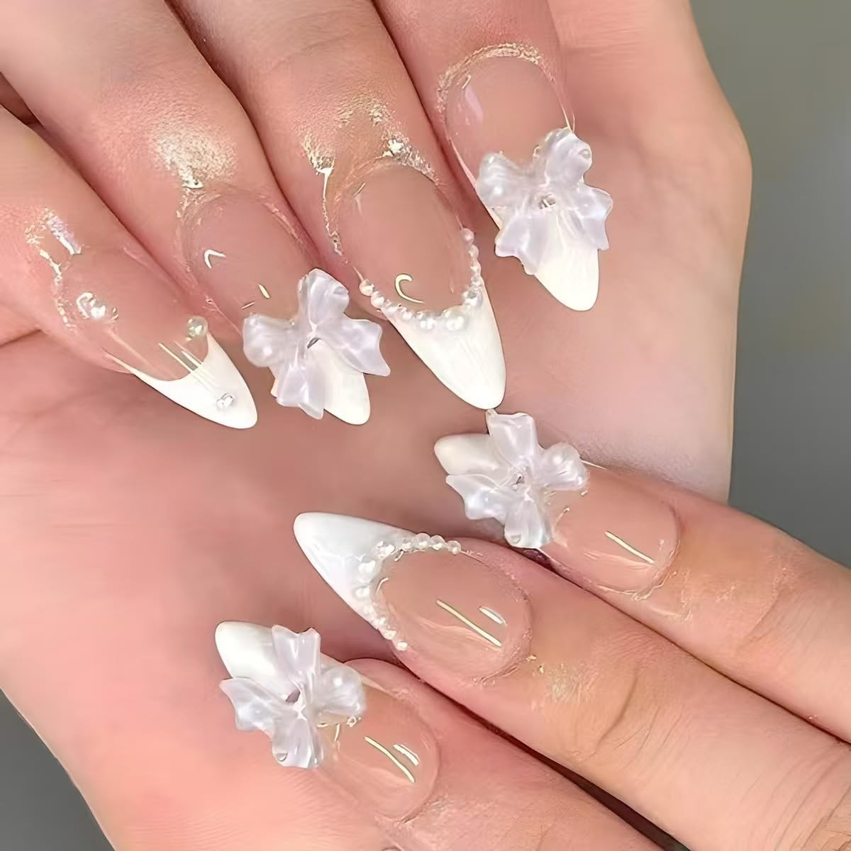 White French Tip Press on Nails Medium Almond Fake Nails with 3D Bow Pearl De…