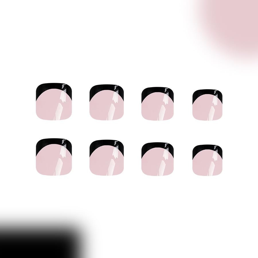 Black French Tip Press on Toenails Short Square Fake Toenails Black Edge Full Co